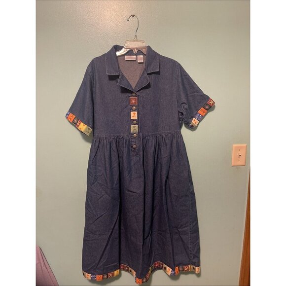Cabernet Women’s Large Vintage 90's Ribbon Trimmed Denim Dress Boho Lagen - Picture 1 of 8